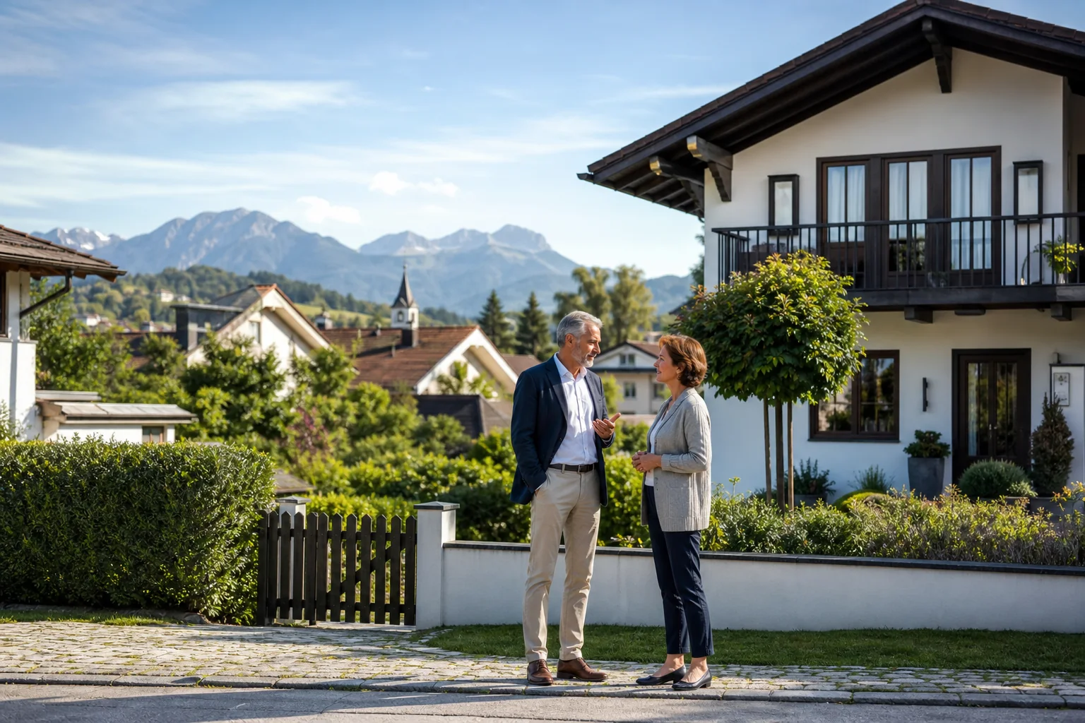 Eigentümerpaar vor einer gewachsenen bayerischen Wohnlandschaft